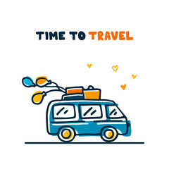 Time to travel card. Car with balloons and luggage.