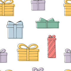 Festive seamless pattern. Hand drawn gift boxes