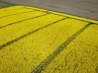 On a field in Goslar in the suburb of Vienenburg am Nordharz in the state of Lower Saxony, a farmer uses a field sprayer to apply crop protection against fungi to flowering rapeseed.