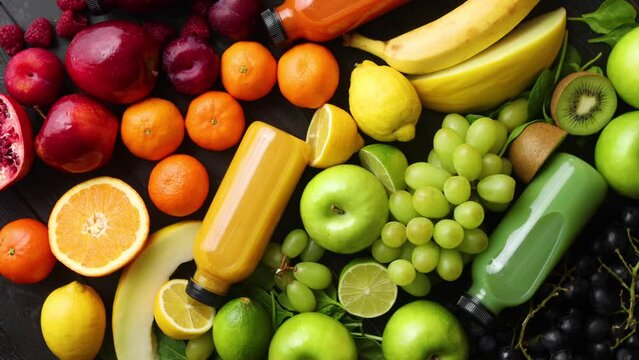 Healthy food concept. Various mixed fruits, vegetables and juices formed in rainbow
