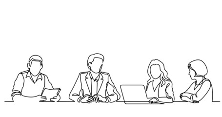 continuous line drawing of office workers at business meeting