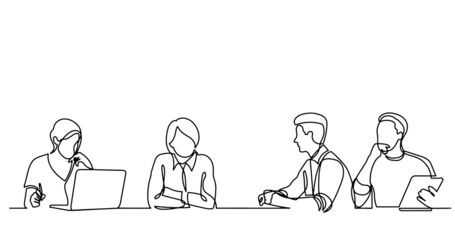 continuous line drawing of office workers at business meeting