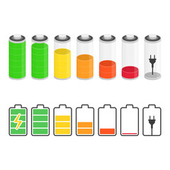 Battery Indicator icons set. Monochrome and colored signs of smartphone battery in different level of charging. Vector illustration EPS 10.