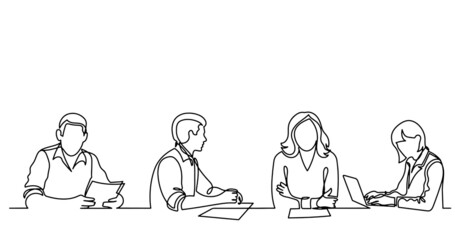 continuous line drawing of office workers at business meeting