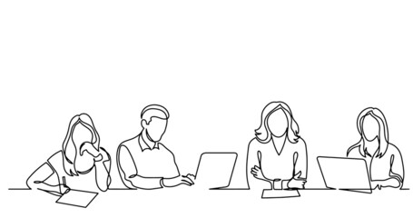 continuous line drawing of office workers at business meeting