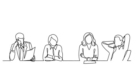 continuous line drawing of office workers at business meeting