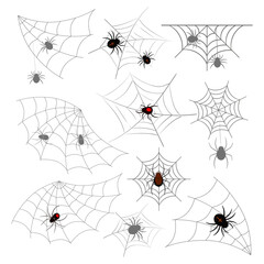 Spiders on the web. Vector set on a white background.