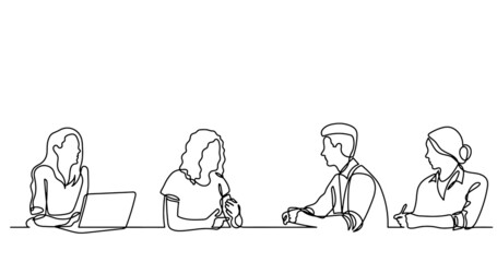 continuous line drawing of office workers at business meeting