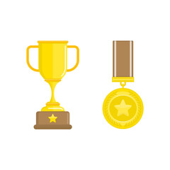 Gold cup and medal icon. Winner trophy award. Business goal achievement concept. Vector illustration of victory, awards, competition winner. Flat, cartoon style. EPS 10.