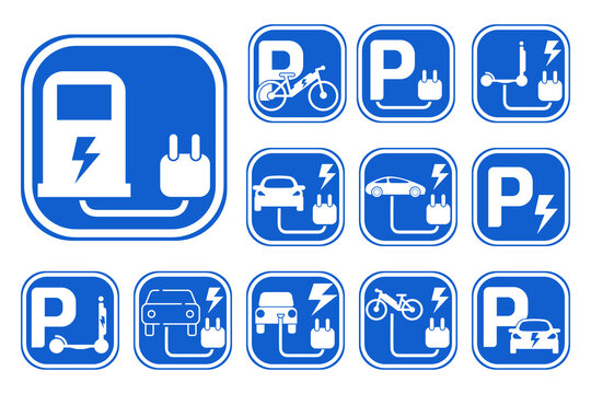 A set of symbols of charging stations and parking spaces for electric vehicles: cars, scooters and electric bicycles