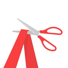 Grand opening concept. Scissors cutting the red ribbon isolated on white background. Silver scissors cut bright tape. Vector illustration EPS 10.