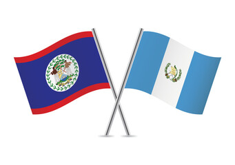 Belize and Guatemala crossed flags. Belizean and Guatemalan flags on white background. Vector icon set. Vector illustration.
