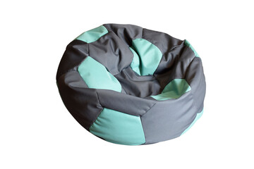 Gray and green flexible ball, seat bean bag isolated on white. Bag chair ball with polyester.