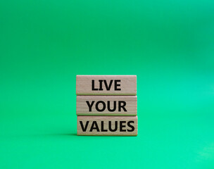 Live your values symbol. Concept words 'Live your values' on wooden blocks. Beautiful green background. Business and Live your values concept. Copy space.