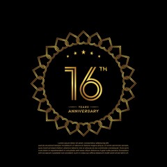 16 years anniversary celebration logotype with gold color, for booklet, leaflet, magazine, brochure poster, banner, web, invitation or greeting card. Vector illustrations.