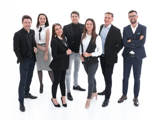 Fototapeta na wymiar Happy business team with arms crossed over white background