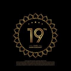 19 years anniversary celebration logotype with gold color, for booklet, leaflet, magazine, brochure poster, banner, web, invitation or greeting card. Vector illustrations.