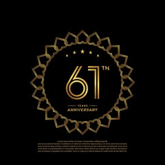 61 years anniversary celebration logotype with gold color, for booklet, leaflet, magazine, brochure poster, banner, web, invitation or greeting card. Vector illustrations.