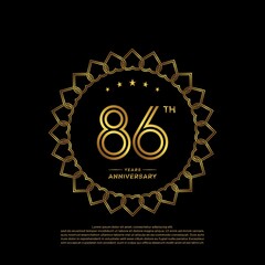 Naklejka premium 86 years anniversary celebration logotype with gold color, for booklet, leaflet, magazine, brochure poster, banner, web, invitation or greeting card. Vector illustrations.