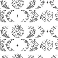 Seamless pattern of moon phases with floral elements.
