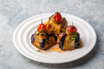 Traditional delicious Turkish food; Kofte kebab wrapped in eggplant (Turkish name; Islim - islim kebabi or kurdan kebabi)