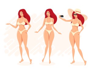 A red-haired girl in a bikini. Three poses.