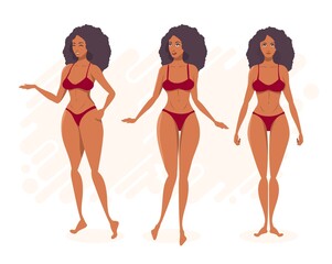 Beautiful African girl in a red bikini. Three poses.