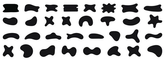 Black abstract shapes, organic blobs and blotch of irregular shape. Inkblot silhouettes, simple liquid splodge elements. Big vector set.