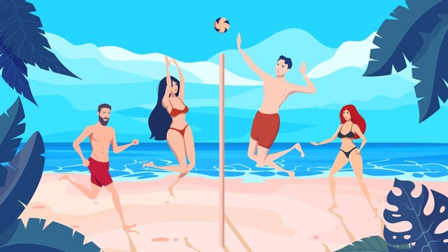 People are playing volleyball on a tropical beach. Cartoon vector illustration.