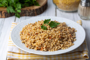 Bulgur pilaf with quinoa, food concept photo. Turkish name; kinoali bulgur pilavi