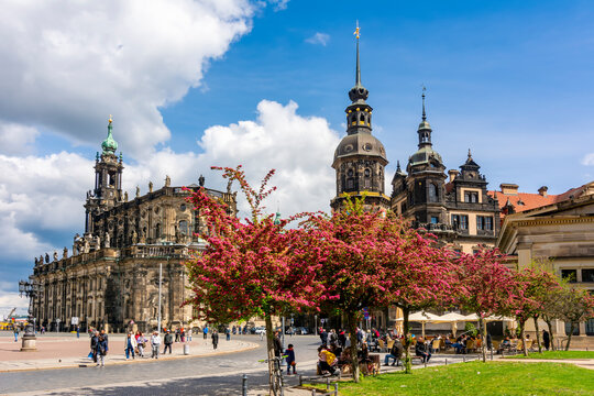 Dresden cityscape with Dresden cathedral and Dresden castle on Theaterplatz square, Germany