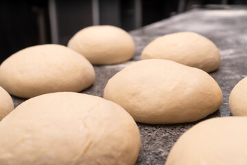 Close-up of balls of fresh raw dough for baking buns or other wheat flour products, on the kitchen table. Blank for baking