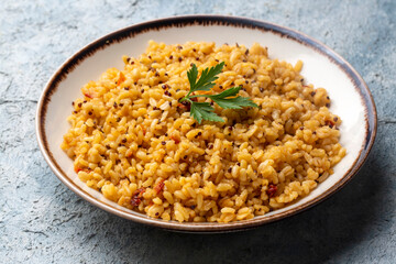 Bulgur pilaf with quinoa, food concept photo. Turkish name; kinoali bulgur pilavi