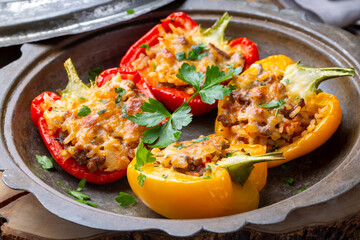 Stuffed peppers, halves of peppers stuffed with rice, dried tomatoes, herbs and cheese in a baking dish on a blue wooden table, top view. (Turkish name; biber dolmasi)