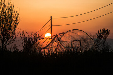 A greenhouse silhouette at sunset