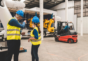 Fototapeta premium Caucasian senior woman and man engineers in a robotics company. loading robotic arms for delivery, distribution of goods - robotics industry -