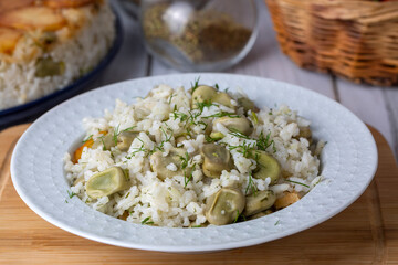 Traditional Turkish food; green legume rice pilaf (Turkish name; Yesil baklali pilav)