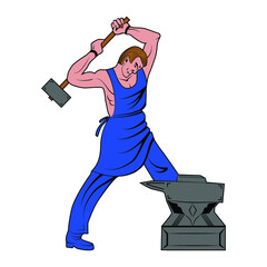 A strong colored blacksmith with a hammer hits the anvil. Logo emblem for the company. Vector illustration.