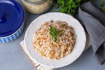 Traditional delicious Turkish food; Turkish style rice pilaf (Turkish name; Arpa sehriyeli pirinc pilavi)