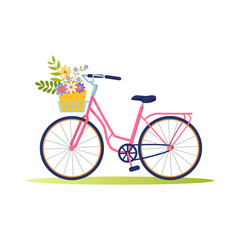 Ladies pink bicycle with basket of flowers and trunk. City women bicycle. Summer travel, cycling. Healthy lifestyle. Romance. Colorful flat vector illustration isolated on white background	