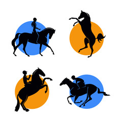 Set of equestrian icons, horse racing, dressage, training, freedom