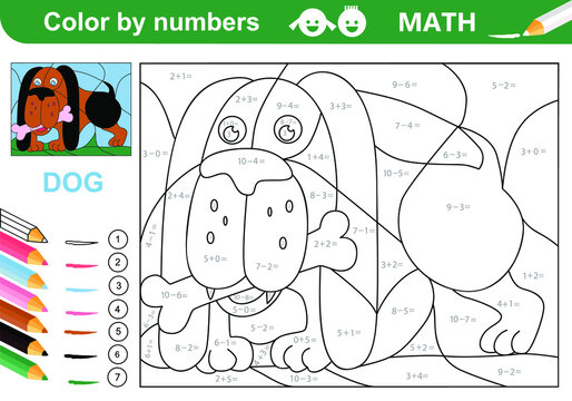 Color by numbers - addition and subtraction worksheet for education. Coloring book. Solve examples and paint Dog with bone. Math exercises worksheet. Developing counting learn. Print page for kids