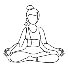 woman in lotus pose yoga vector illustration. One line drawing and continuous style isolated on white background.