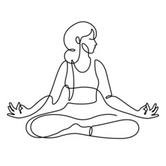 woman in lotus pose yoga vector illustration. One line drawing and continuous style isolated on white background.