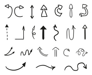 Hand drawn infographic elements on white. Abstract arrows. Line art. Set of different signs. Black and white illustration. Doodles for business