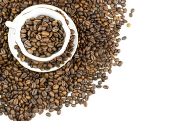Background of coffee beans and a mug (cup) on a saucer with coffee on a white background. Place for the text (copy paste). Menu page for a cafe (restaurant).