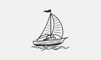 Sailboat vintage icon, logo. Sail Boat with waves isolated on white background. Nautical, Marine logo, poster, label template. Vector illustration