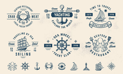 Vintage hipster logo templates and 9 design elements. Nautical, Sea, Marine emblems templates. Ship, Sailing, Yachting, Seafood restaurant emblems.Vector illustration