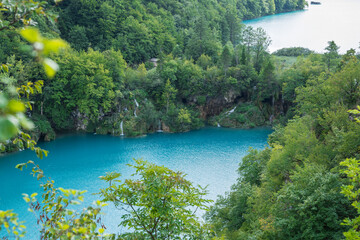 Plitvice Lakes in Croatia with beautiful waterfall and blue water