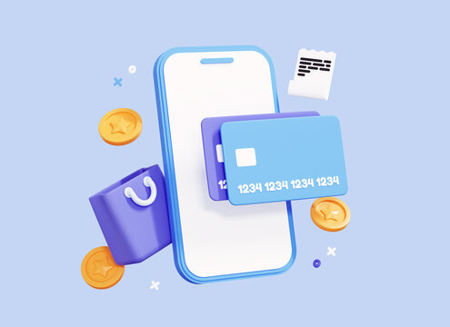 3D Online shopping via phone with credit card. Online payment concept. Shopping bag with receipt or cashier's check and floating coins. Creative design icon isolated on blue background. 3D Rendering